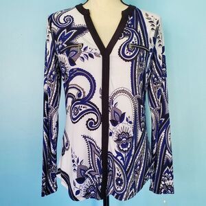 INC International Concepts White/Blue Floral Zipper Detail Long Sleeve Blouse